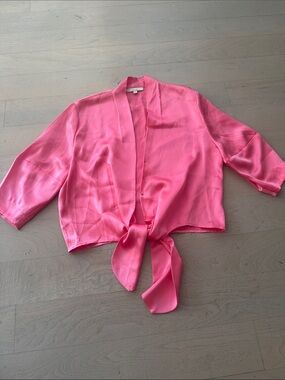 Bright Pink 100% Silk Short Sleeve Tie Blouse